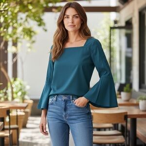 New Laundry Shelli Segal Teal Square Neck Trimmed Pleated Bell Sleeve Top Small